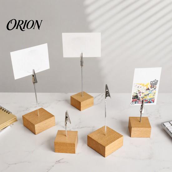 Wooden Note Clip Cube Memo Stand, Display Solid Wood Square Base Photo Card Holder, Vertical Receipt Holder for Wedding Party or Office Document Stand