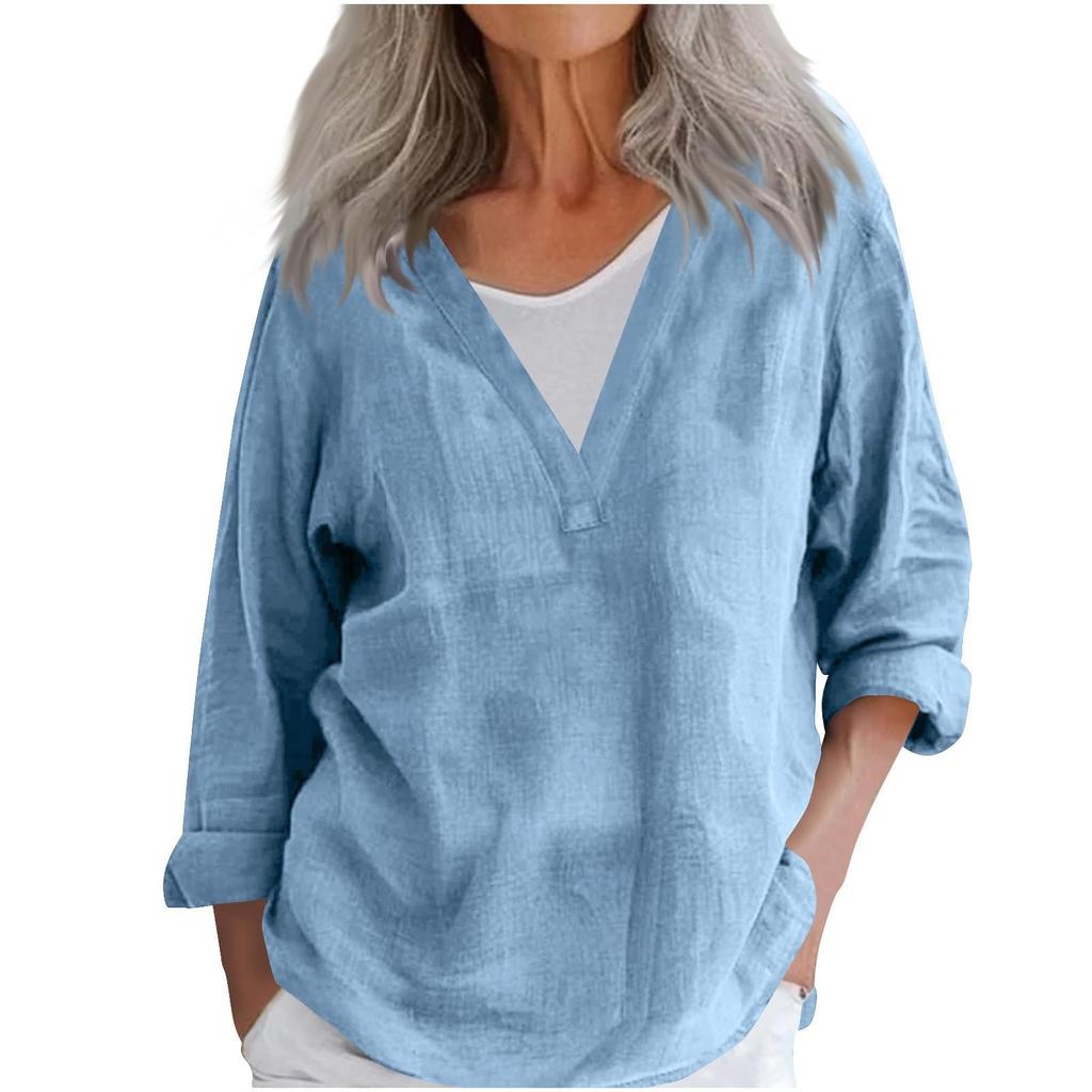 Women's Fashion Casual Cotton Linen V-Neck Long Sleeve Pullover Top