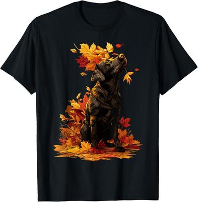 Black Labrador Autumn Leaves Aesthetic Graphic T-Shirt Casual Trip Crewneck Tee