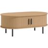 Oval Wooden Coffee Table, Sliding Doors, Hidden Storage, 100 x 55 x 40 cm, Natural Wood