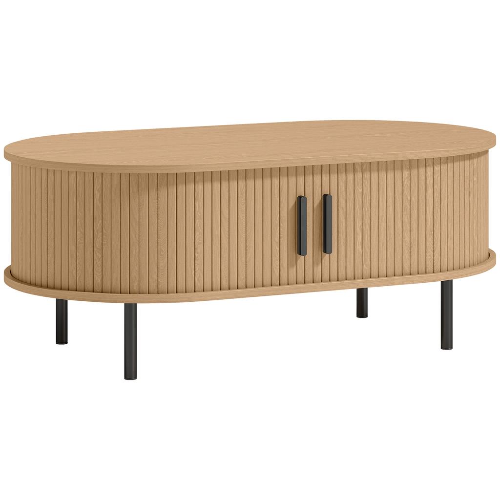 Oval Wooden Coffee Table, Sliding Doors, Hidden Storage, 100 x 55 x 40 cm, Natural Wood