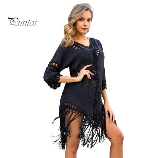 

Женское пляжное платье с v-образным вырезом и половиной рукавом с открытой спиной, однотонное свободное платье с полой крючком и кисточкой, анти-УФ-отпускное платье чёрный