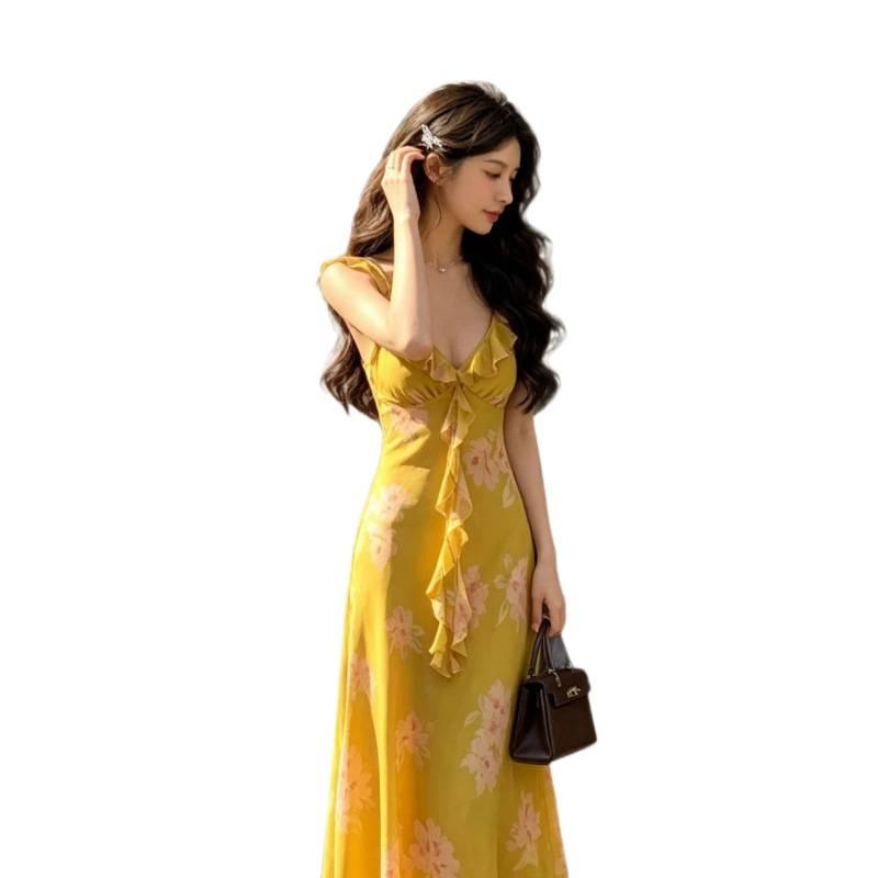 French ruffle edge suspender holiday dress women's long dress summer seaside atmosphere