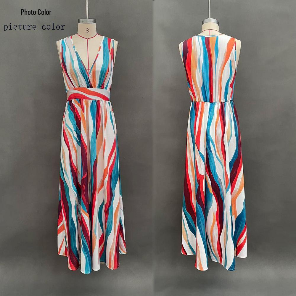 2026 Spring/Summer Wavy Stripe Sleeveless Deep V-neck Off-shoulder Long Dress L