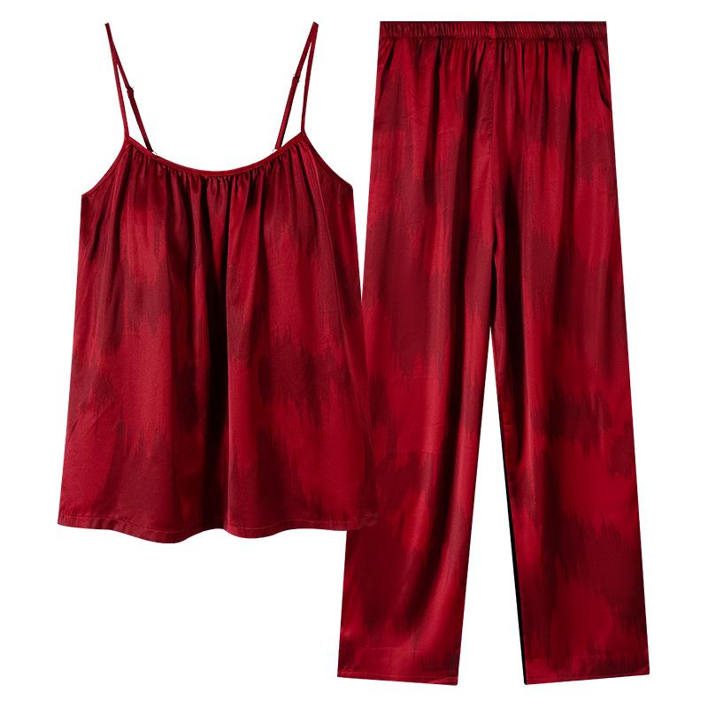 New Year's Burgundy Couple Pajamas Women's Chest Pad Set Summer Ice Silk Short Sleeve Suspender Pants Festive Men's Loungewear