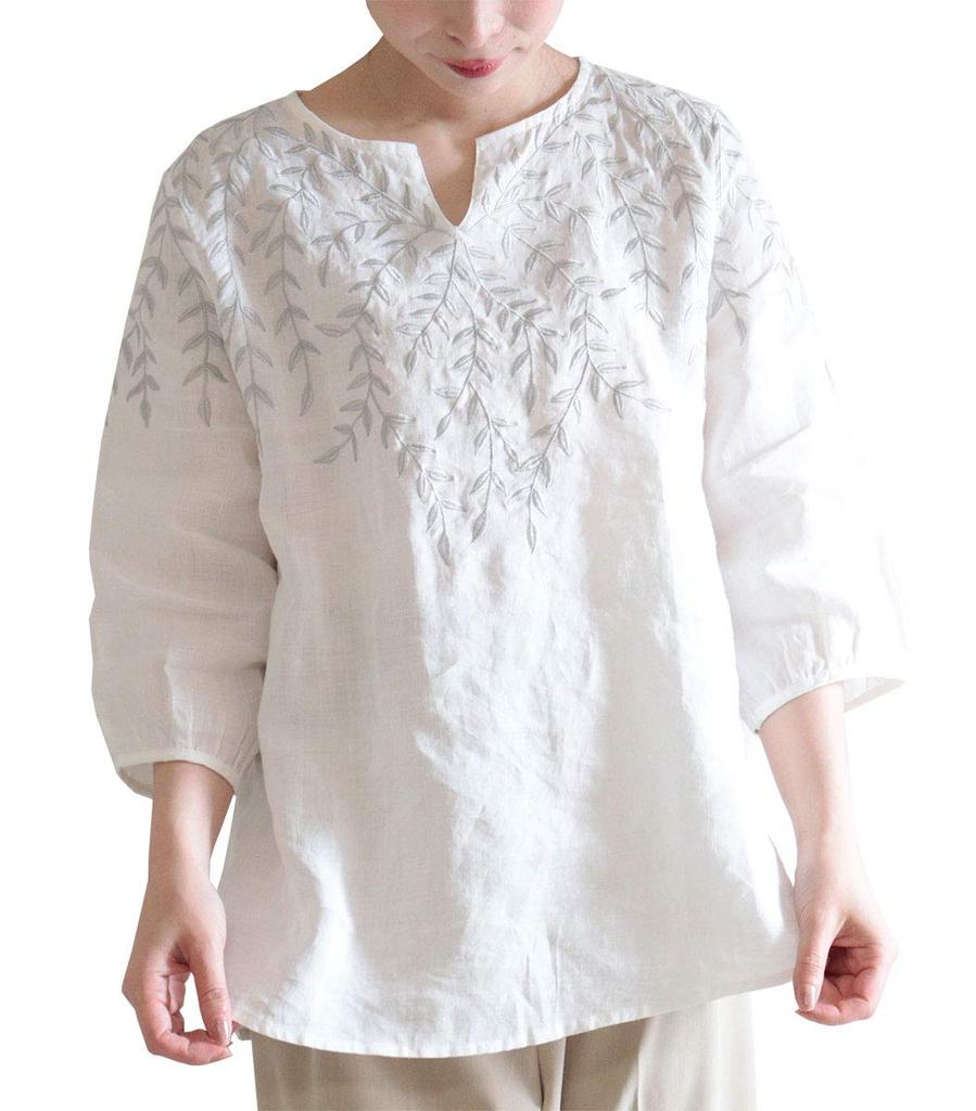 Sawa la mode Botanical Leaf Embroidered Linen White á Top, Women's, mode-6296 F,