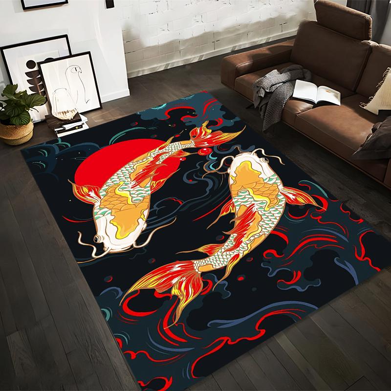 

Koi Fish Carpet with Red Sun and Wave Pattern – Japanese Style Decor Suitable for use as an anti-slip for living room bedroom sofas 40x60cm( 15x23in )