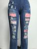 Spring 2025 Women's Ripped Jeans with Printed Appliqué - Casual Versatile Long Pants