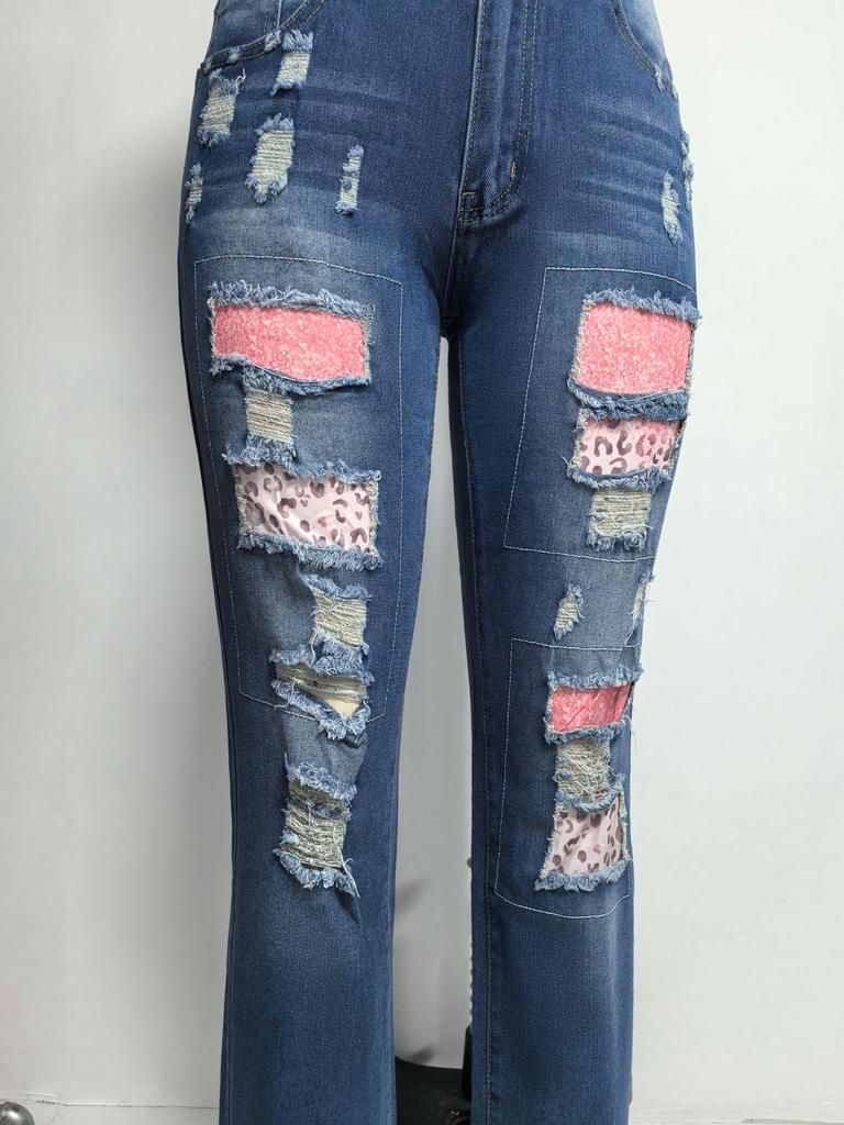 Spring 2025 Women's Ripped Jeans with Printed Appliqué - Casual Versatile Long Pants