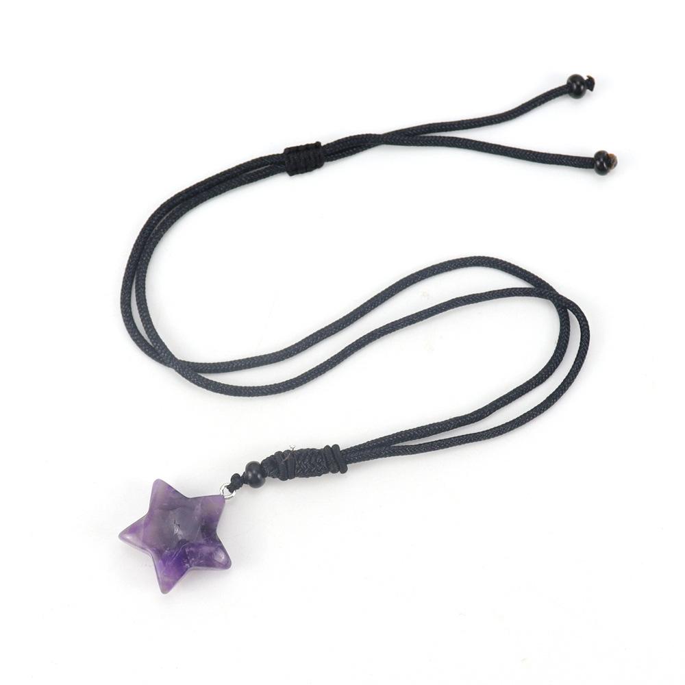 2.5Cm Natural Crystal Agate Star Pentagram Pendant Necklace Black Rope Adjustable N617