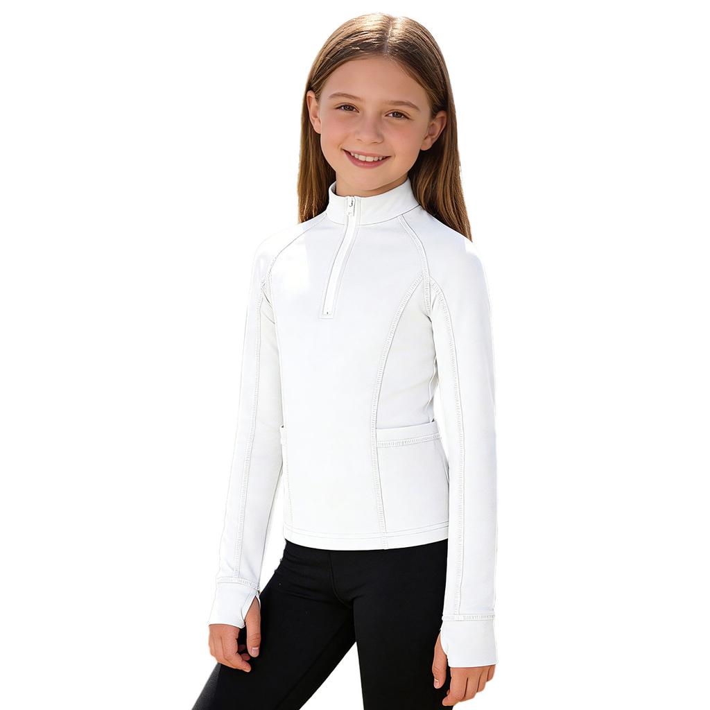 Mädchen Reitshirt: Pullover mit Stehkragen, langen Ärmeln, Reißverschluss, Daumenlöchern und Taschen, Reitsport-Oberteil