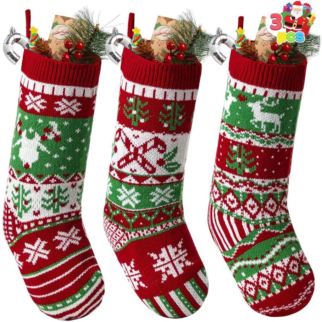 JOYFY 3 Pack 18” Christmas Stockings Large Size Rustic Cable Knit Xmas Stocking in Red & Green for Family Holiday Decorations