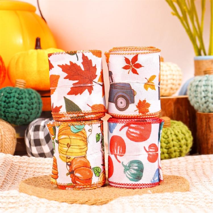 Harvest Ribbon for Gift Wrapping Ribbons for Crafts Wreaths with Yellow Pumpkin Maple Hair Bows Party Home Decors