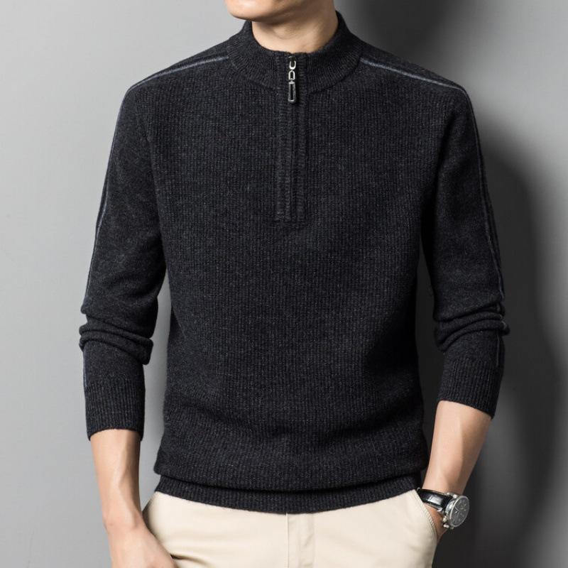 Wollpullover Herren Winter Warmer Herren-Kaschmirpullover Reißverschluss Halber Rollkragen-Strickpullover