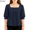 ZANZEA Women Square Collar Summer Casual 3/4 Sleeve Solid Blouse