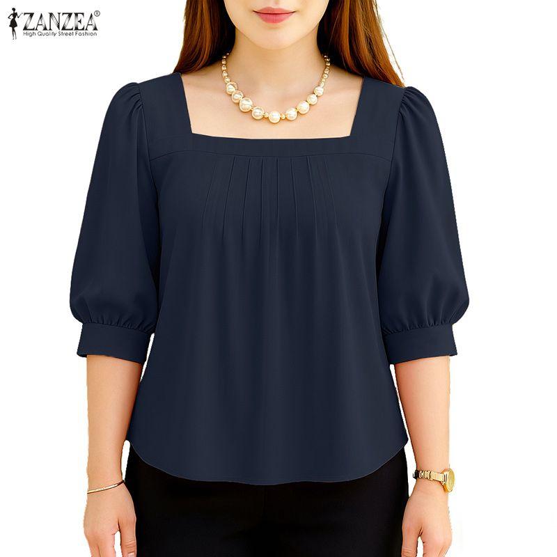 ZANZEA Women Square Collar Summer Casual 3/4 Sleeve Solid Blouse