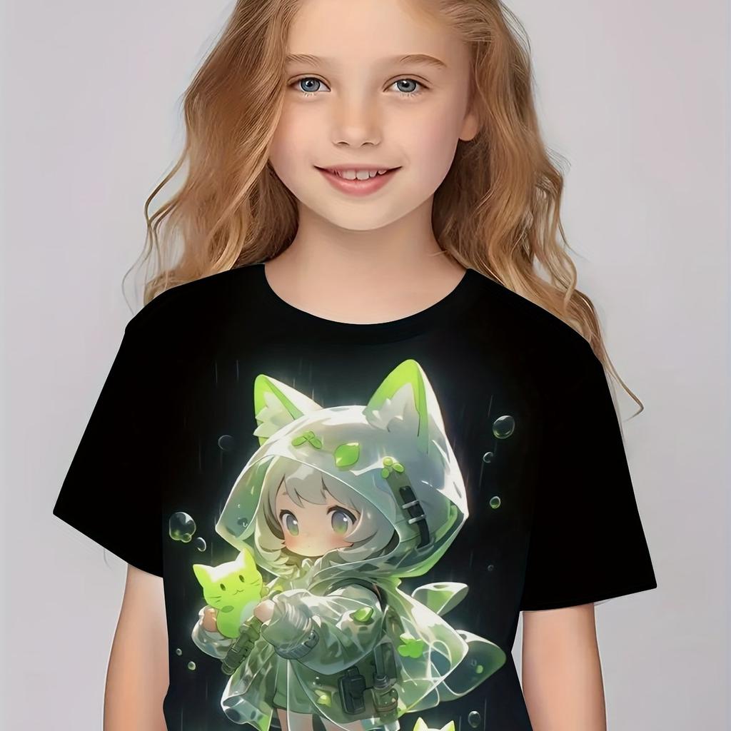 Sommer Rundhals 3D Cartoon Aufdruck Oberteil Modisch Lässig Kurzarm Kinder Mädchen T-Shirts