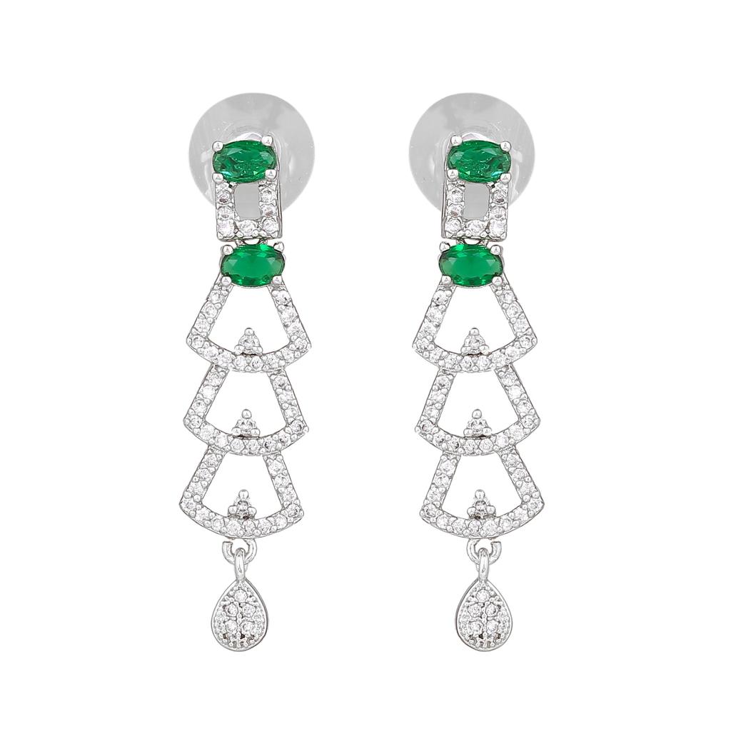 Stunning Estele Rhodium Plated CZ Green Stone Drop Earrings For Women