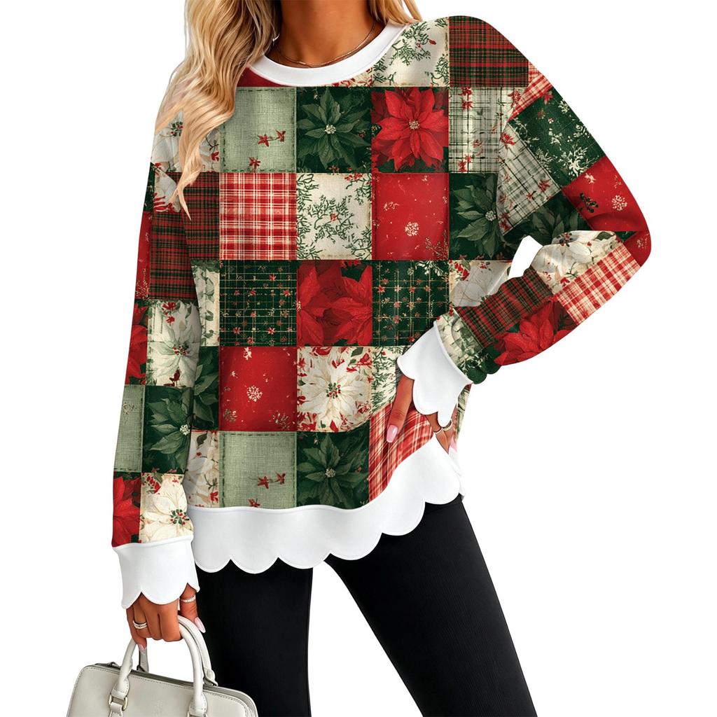 Women's Casual Christmas Print Sweatshirt Top with Scalloped Wavy Hem and Crewneck
