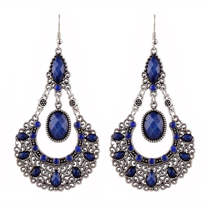 

Vintage Palace Style Rhinestone Water Drop Earrings for Women Temperament Hollow Carved Silver Color Metal Earring Femme Jewelry королевский синий