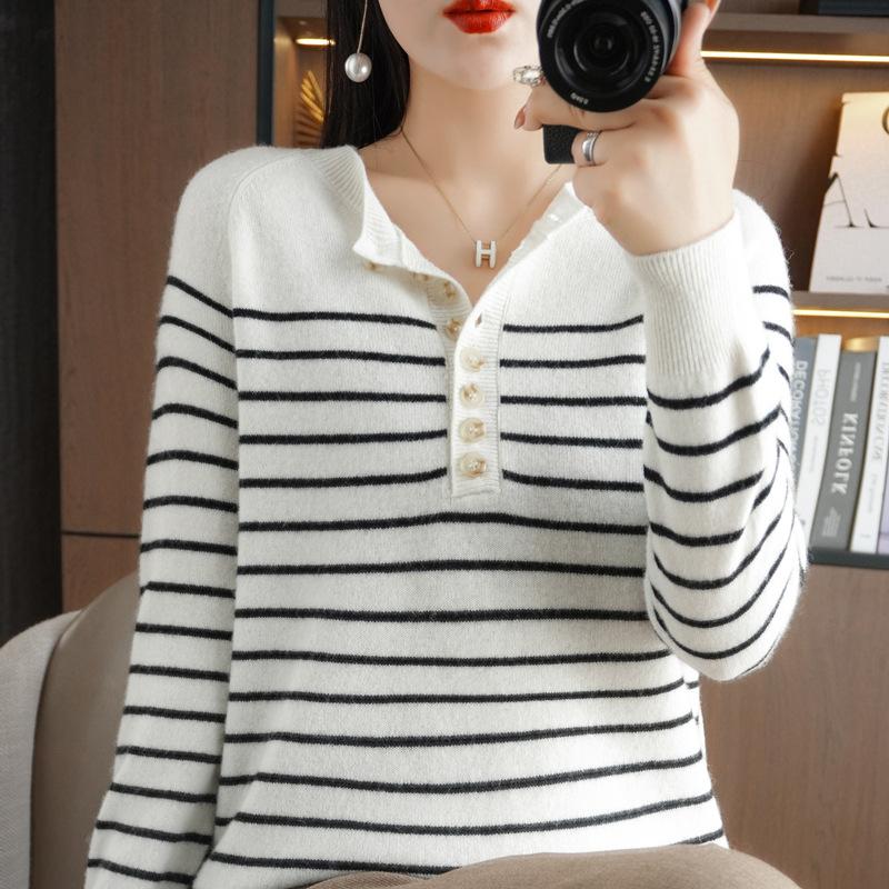 Crew Neck Bottoming Shirt Women's Autumn and Winter Loose and Versatile Sweater Striped Skin-friendly Warm Top