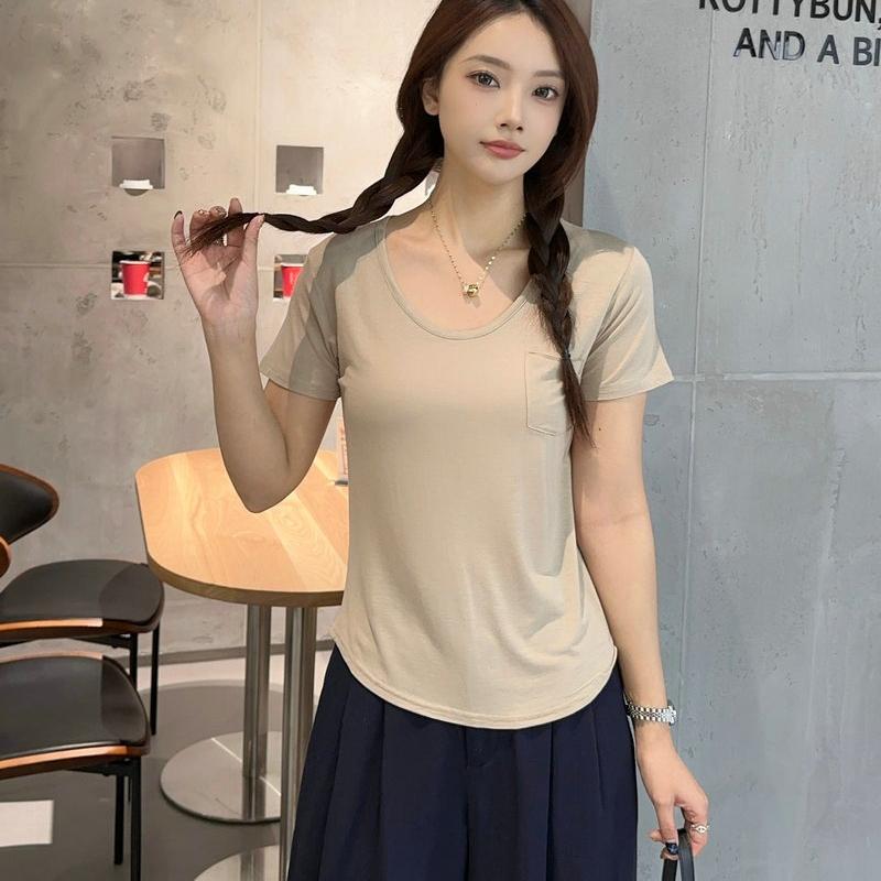 Women's U Neck T-Shirt 2026 Summer Modal Basic Short Sleeve Tshirts Loose Fit Relaxed Casual Tee Tops Solid Pocket Tees