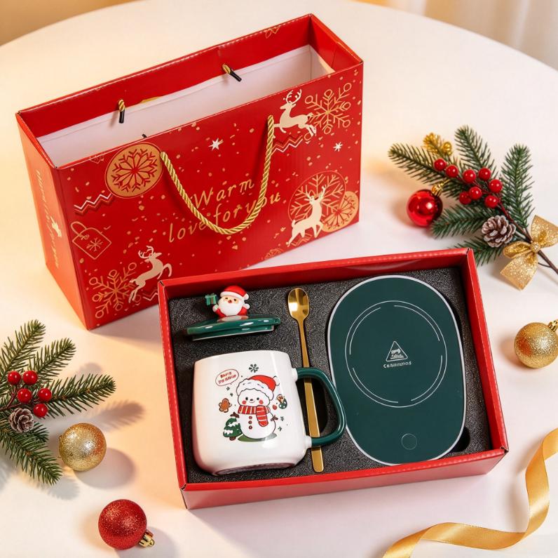 Christmas New Year Gift Set, 55℃ Thermostat Ceramic Mug, Snowman Coffee Cup with Lid & Spoon for Home Office