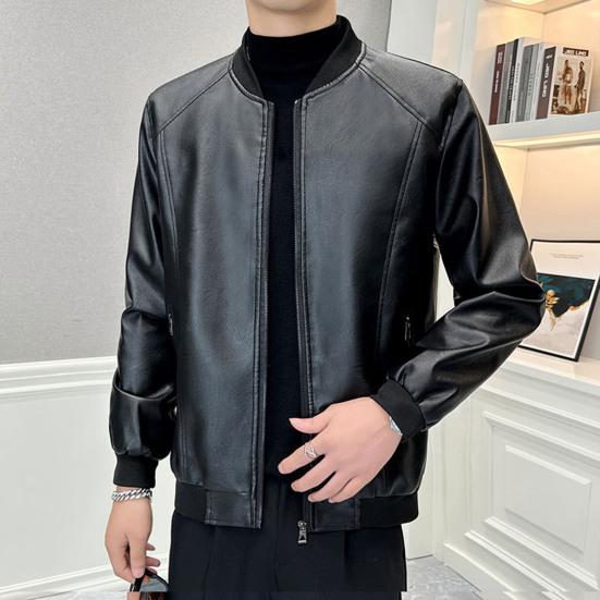 Men's Faux Leather Jacket Slim Fit Zipper Closure Jacket with Baseball Uniform Collar Autumn Winter Warm Jacket for Sports Office Party