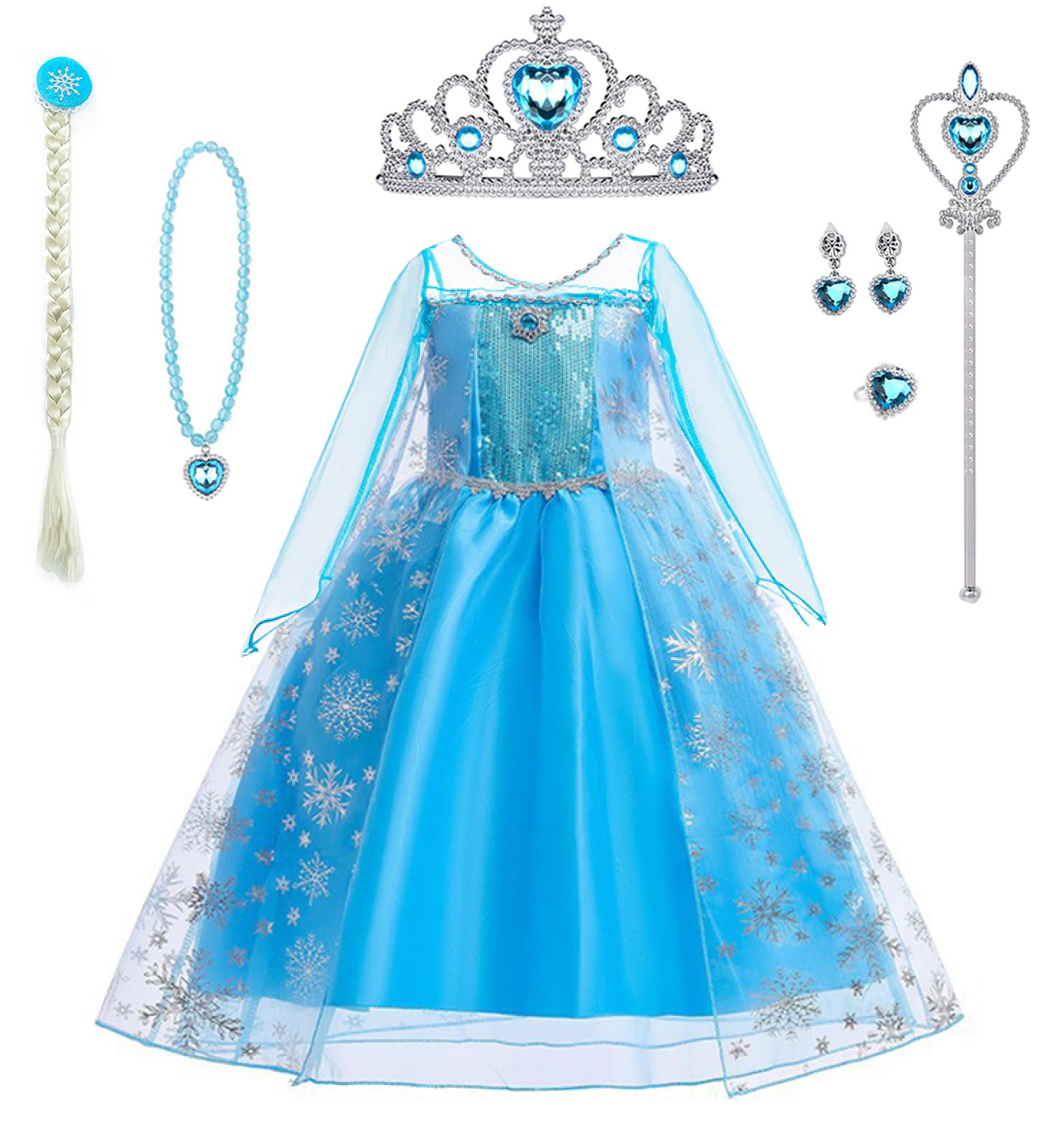 [Qichenk] Princess Dress for Children, Cosplay Costume, One-Piece Dress, Deluxe 6-Piece Set, Christmas, Halloween, Cosplay Event, Costume Party,