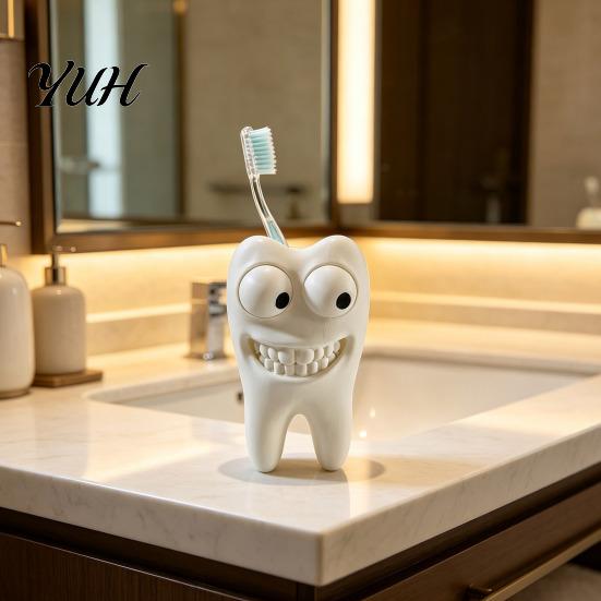 Unique Desk Accessories 3D Printed Smiling Tooth Toothbrush Holder, Funny Dental Figurine, Small Sculpture Creative Shaped Storage Stand for Bathroom