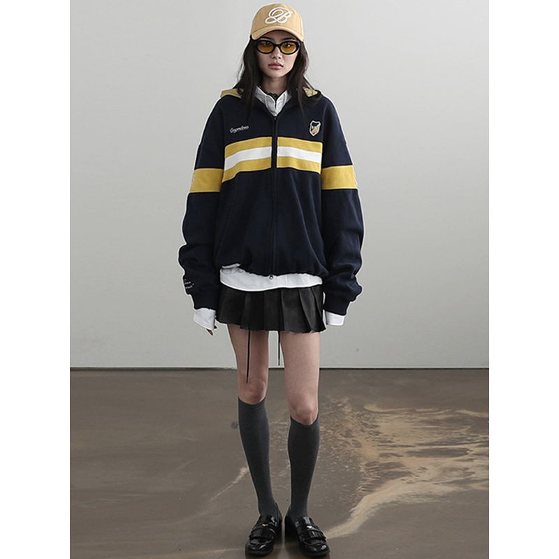South Korea Badblood American Vintage Contrast Color Casual Loose Hoodie Women Preppy Niche Top Fashion