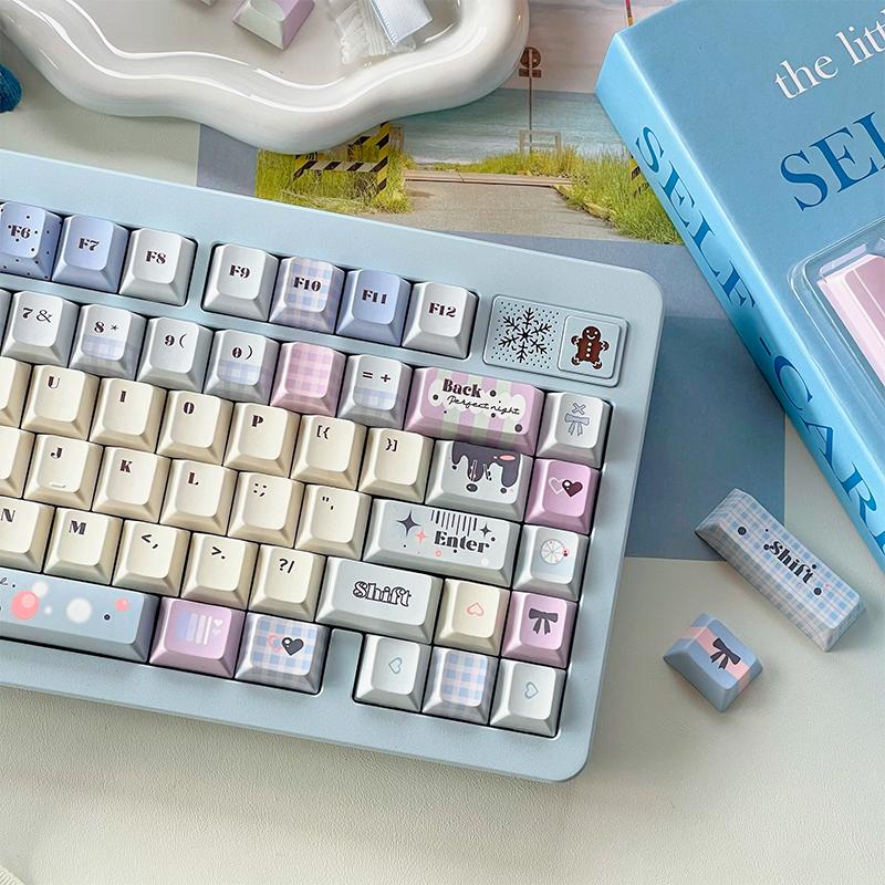 Micro Drunk Bubble Cherry Pbt Keycaps Cherry Theme Cute Pink Girl 129Keys Blue And White Double Spliced Keycaps
