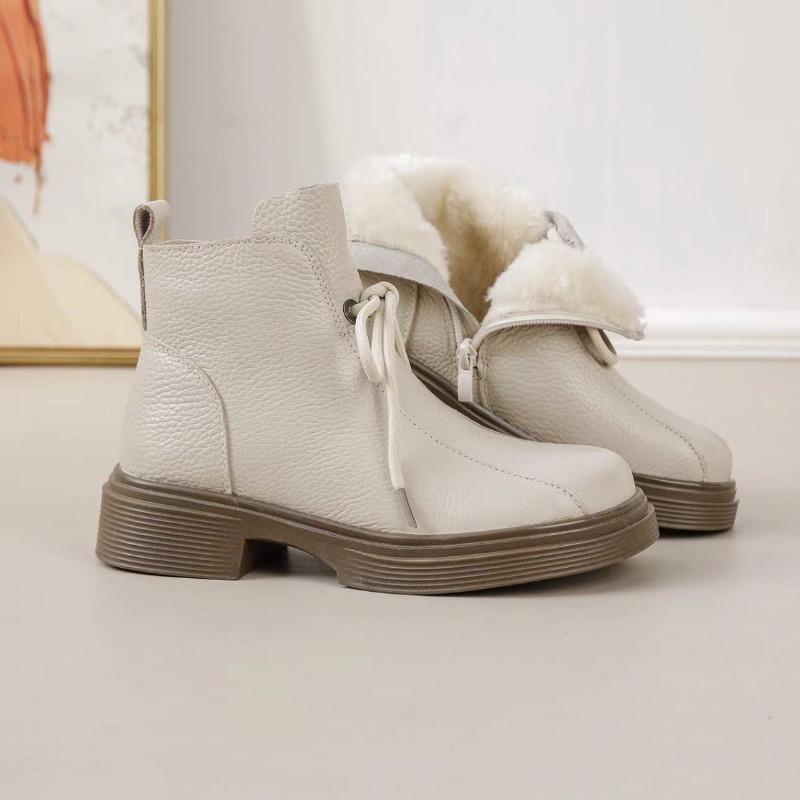 2025 Zima Boty z pravé kůže Dámské Sněhule Teplý Plyš Chladná Zima Měkké Módní Značkové Dámské Kotníkové Boty Plus Size 41 Béžová Černá