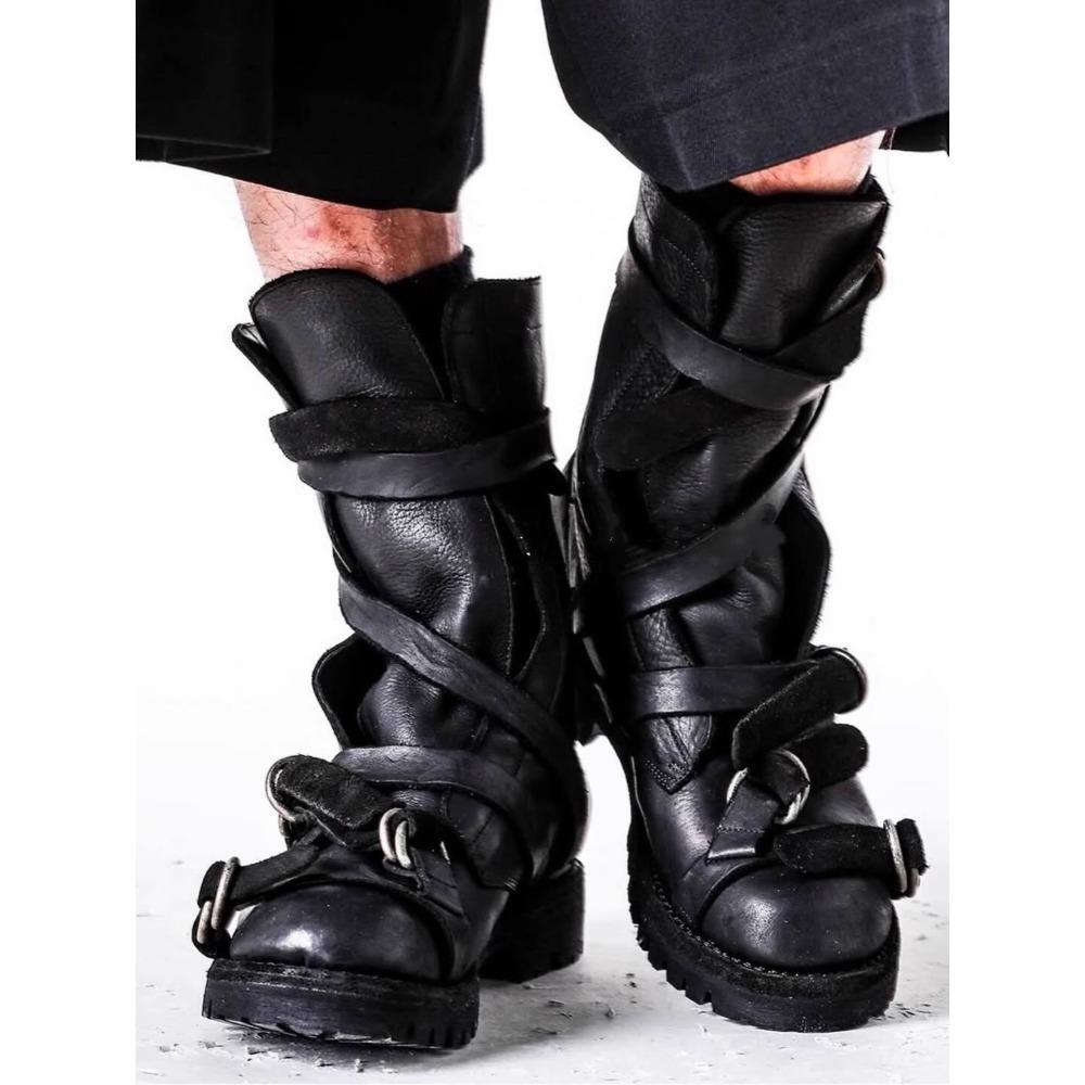 Męskie Skórzane Buty Motocyklowe Punk Retro Gruba Podeszwa Do Połowy Łydki Buty Rycerskie Czarne Miękkie Paski z Klamrą Wysokie Buty Mokasyny