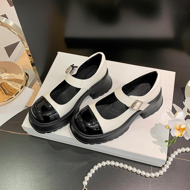 Platform Mary Jane Shoes High Heels Small Shoes Thick Heel One Word Black And White Color Matching British Style Japanese Loafers