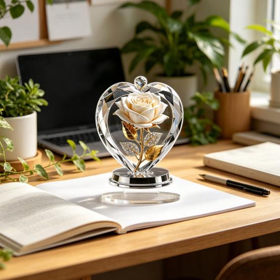 Acrylic Rose Ornament, 2D Flat Flower Decoration with Base, Table Centerpiece Rose Ornament, Romantic Desktop Decor for Home Shelf Cabinet