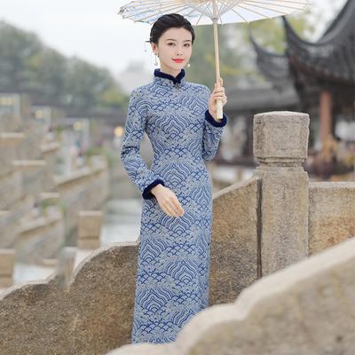 Blue Mother Velvet Winter National Style New Chinese Long-sleeved Improved Cheongsam Winter Thick Women's High-end Dress