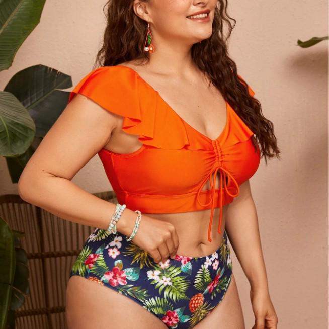 European & American Ruffle Printed Swimsuit with Drawstring Bikini