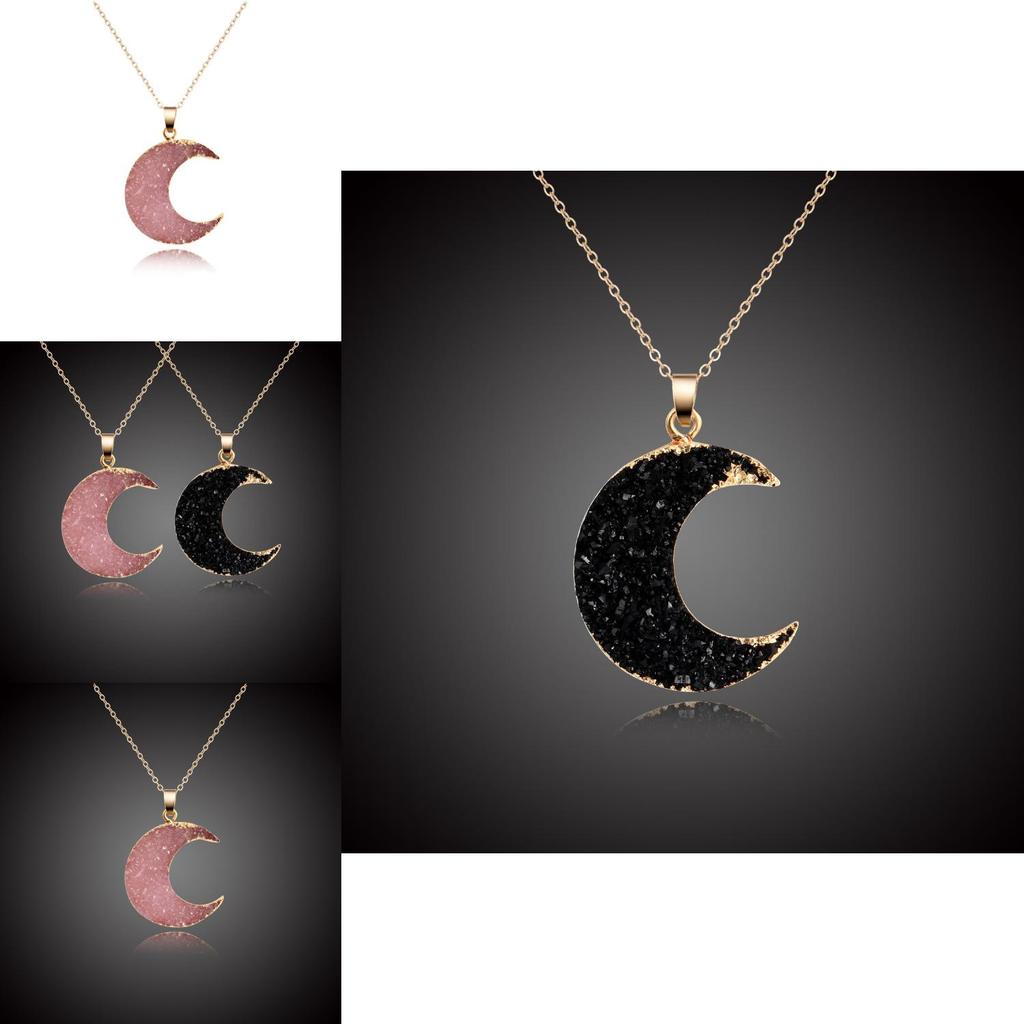 Exquisite Moon Shape Stone Female Link Chain Pendant Necklace With Drusy Charm