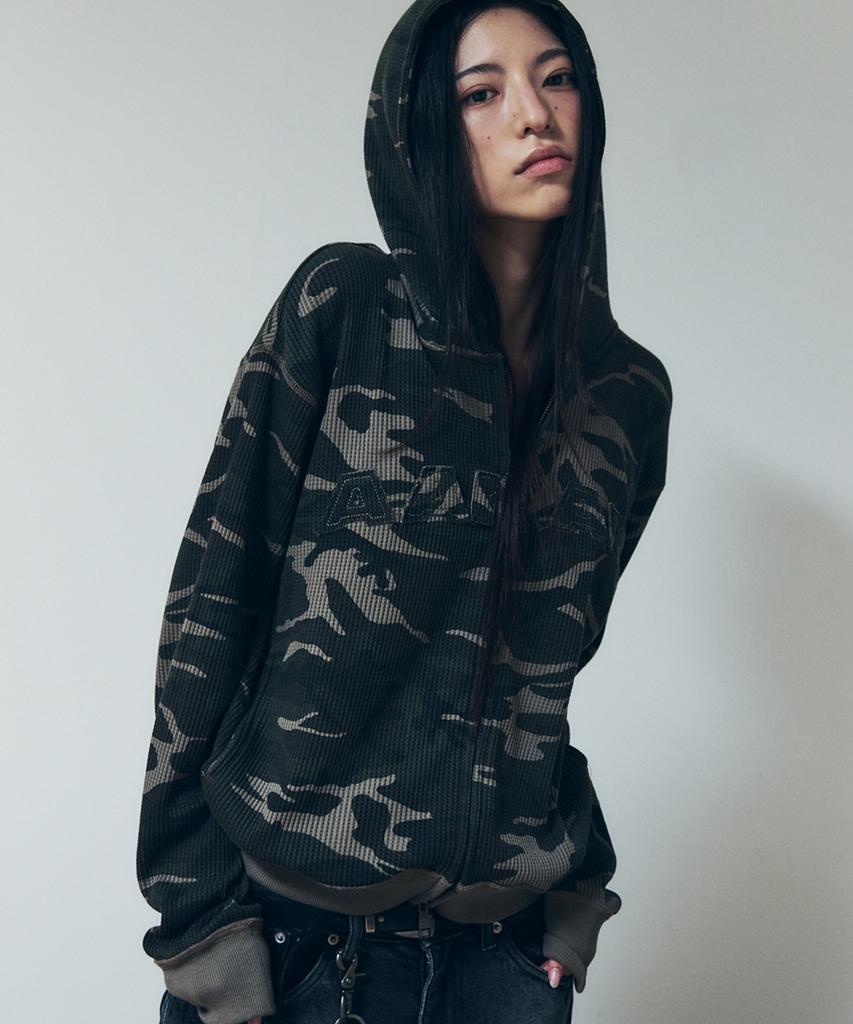 Aakam Camouflage Waffle Zip-Up Hoodie (Khaki)