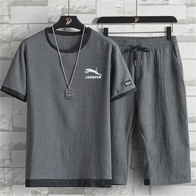 Men's Summer Quick-Dry Ice Silk T-Shirt & Cropped Pants Set - Breathable, Sweat-Absorbent, Loose-Fit, Large Size for Leisure and Sports