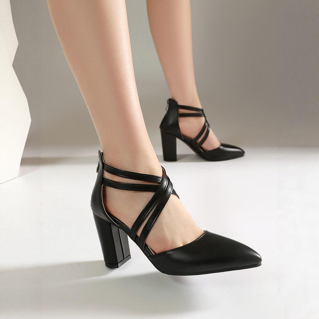 Women's Chunky Leather High Heel Sandals, Pointed Toe, Breathable, Hollow Design, Versatile, Slimming, Height Boost, Large Size.