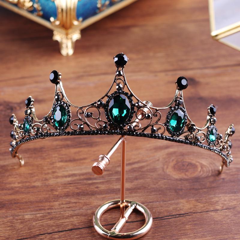 Green Alloy Bridal Crown Black Wedding Hair Crown Queen Crystal Rhinestone Headband
