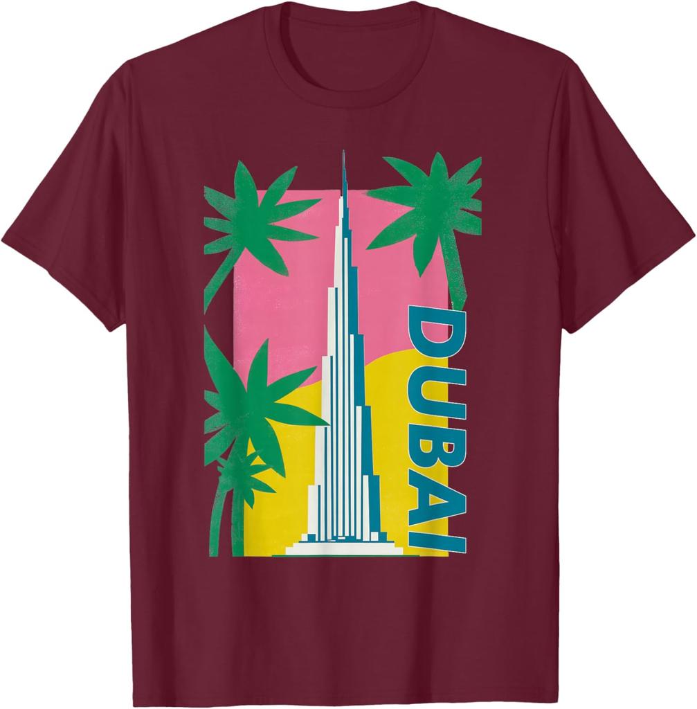 Dubai Burj Khalifa Palm Tree Retro Graphic Tee Men Casual Cotton TShirt