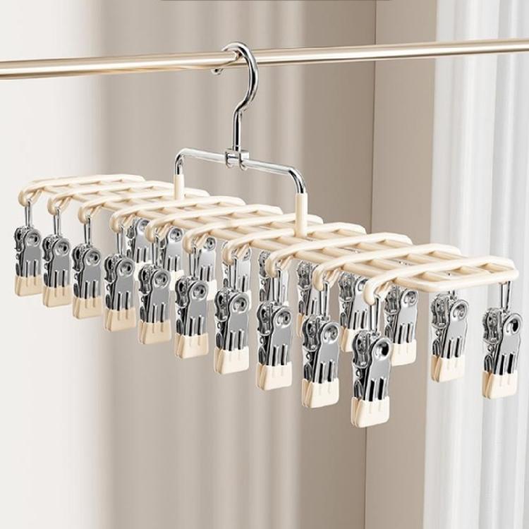Balcony Laundry Hanger With 20 Clip Frame and Hanging Hook, Plastic Coated Drying Rack for Small Garments and Towels