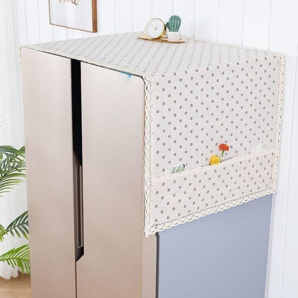 Cotton Linen Refrigerator Dust Cover with Pocket Lace Trim Washing Machine Cover Towel Printed Fridge Protection Cover