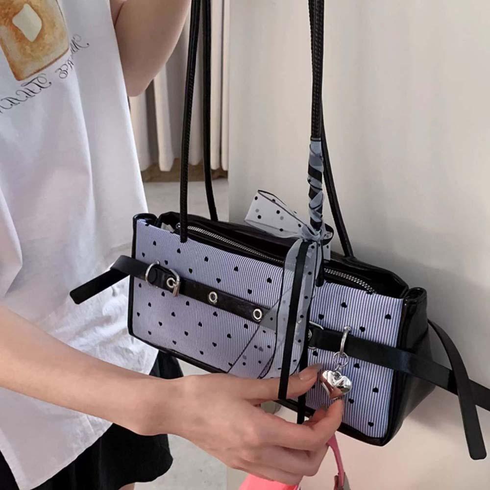 Sweet Blue Shoulder Bag Canvas Stripe Heart Underarm Bags All-match French Stick Handbag  School