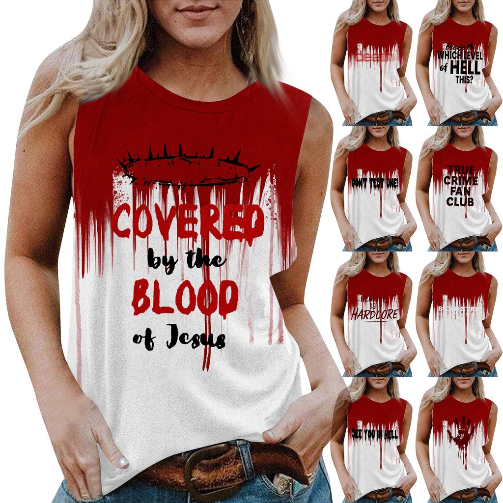 Women's Round Neck Casual Sleeveless Halloween Printed Vest T-Shirt Top