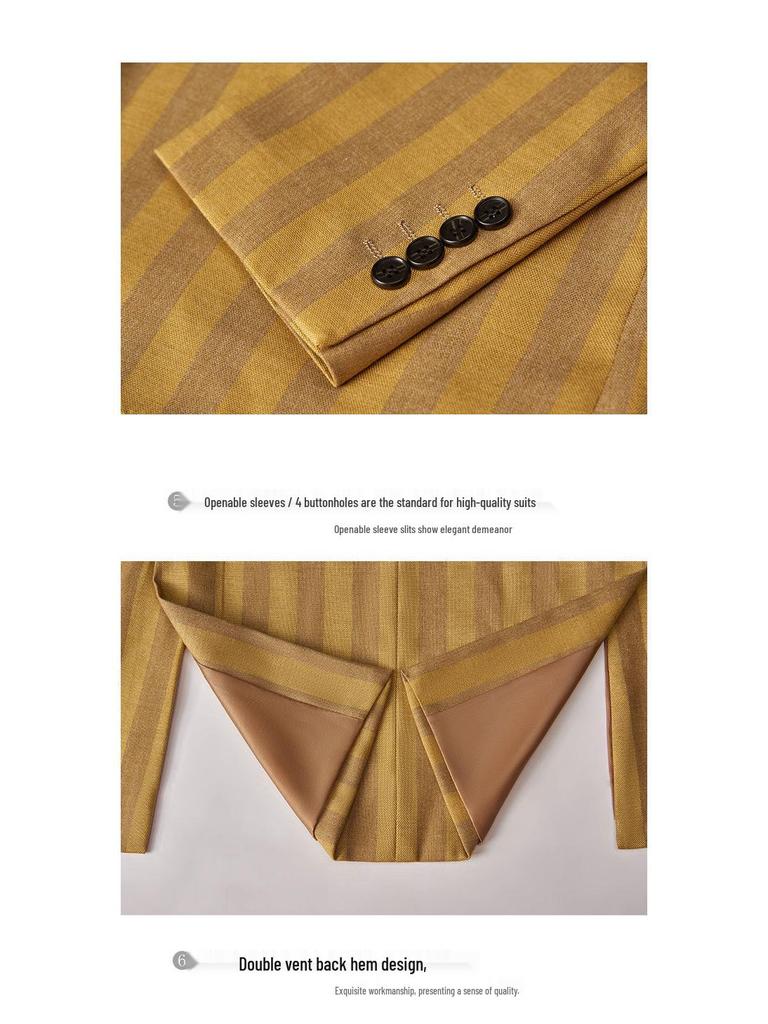 Men's Striped Double-Breasted Korean Style Golden Two-Piece Suit for Autumn and Winter