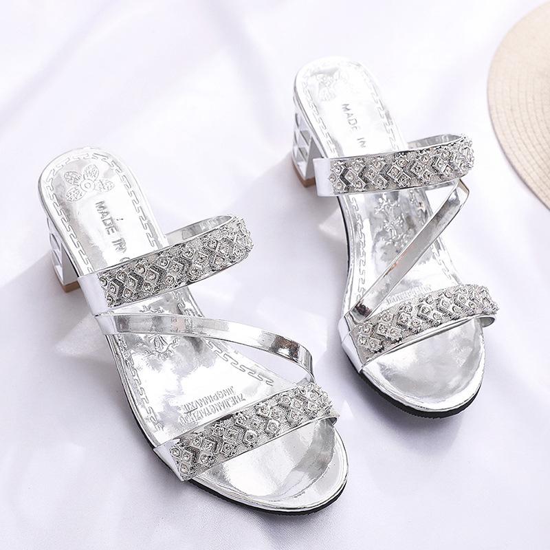 Fashion Thick Heel Fish Mouth Sandals Women Wear with Rhinestones Outside Large Size Sexy Round Head Medium Heel Cool Slippers Outside